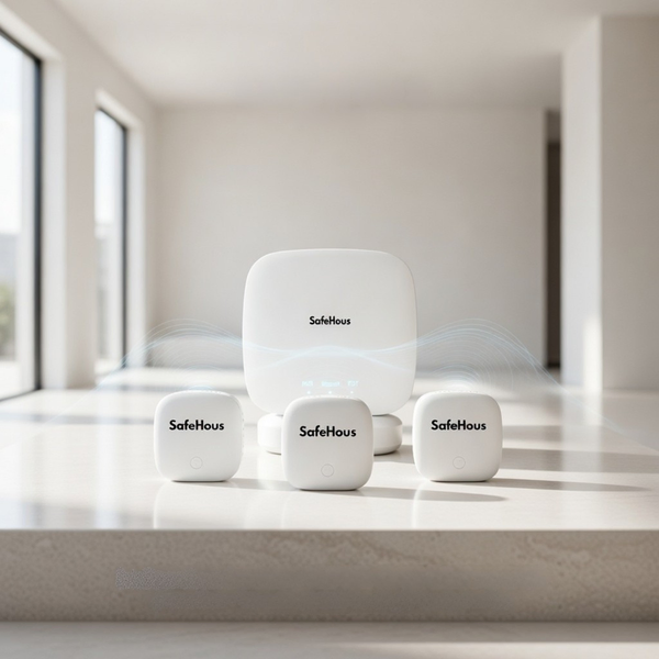 The Safehous Aware kit — three point-of-leak sensors and a LoRa internet gateway.