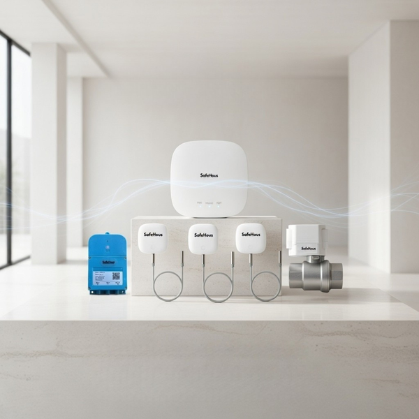 The Safehous Defense kit — point-of-leak sensors, an automatic shutoff valve and a LoRa internet gateway.