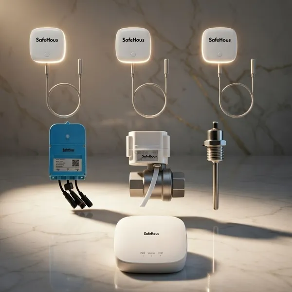 The Safehous Intelligence kit — the full system including the FL-1000 in-line flow sensor.