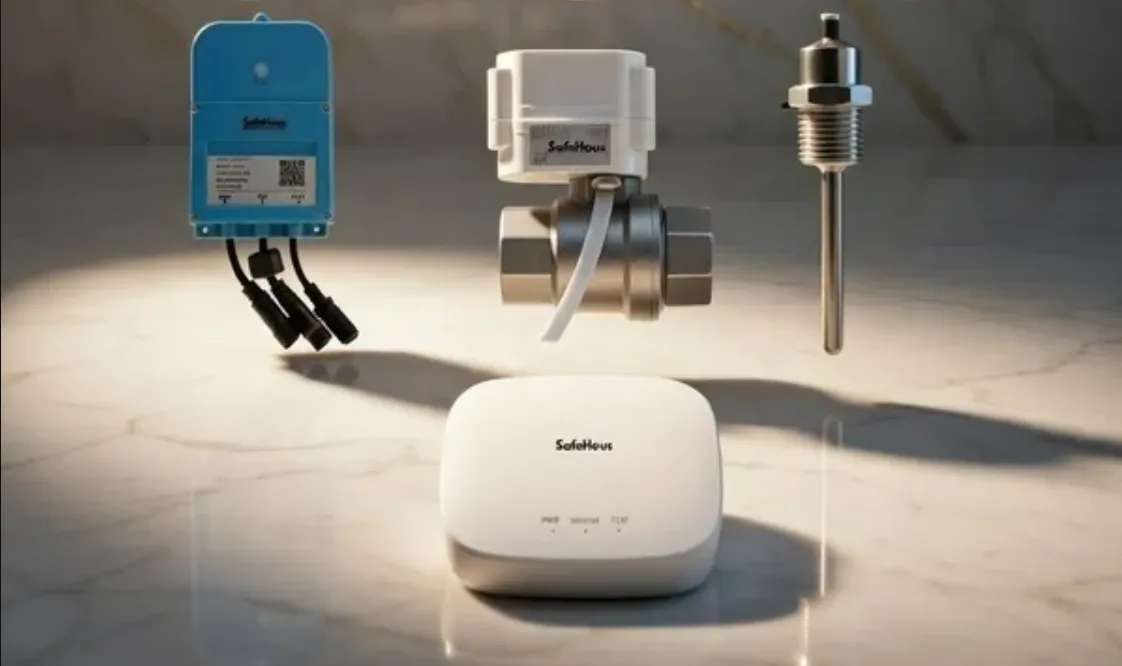 The Safehous Intelligence Essential kit: leak sensor controller, automatic shut-off valve, FL-1000 in-line flow sensor and gateway.